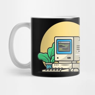 Old Computer Desktop with Coffee and Plant Cartoon Vector Icon Illustration Mug